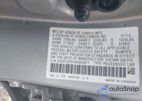 2019 Honda Civic Lx from USA, damaged, VIN 2HGFC2F61KH583817
